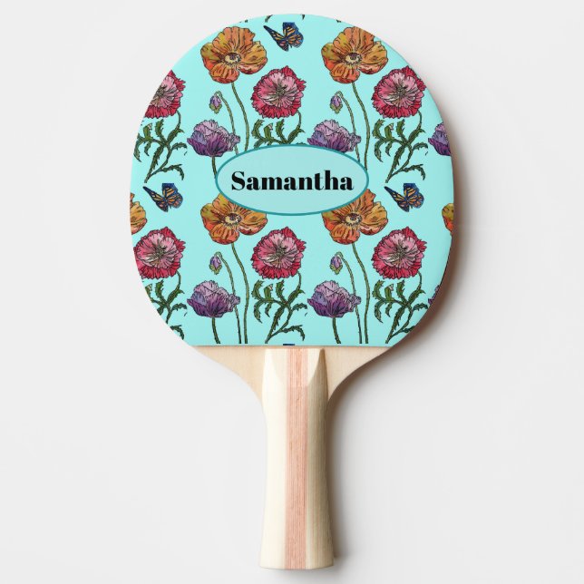 Pale Blue Shabby Poppy Customizable Name Ping Pong Paddle (Front)