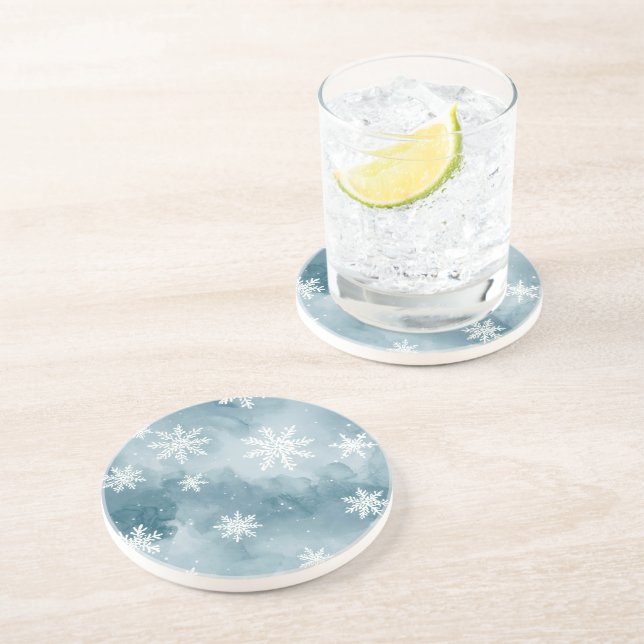 Pale Blue Snowflakes Watercolor Winter Coaster (Side)