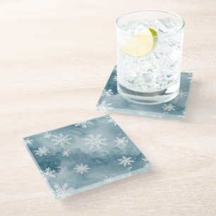 Pale Blue Snowflakes Watercolor Winter Glass Coaster
