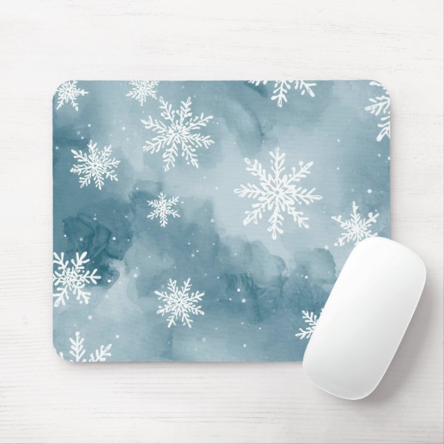 Pale Blue Snowflakes Watercolor Winter Mouse Pad (With Mouse)