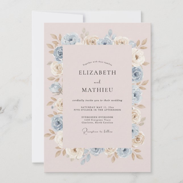 Pale Blue Soft Floral Romance Wedding Invitation (Front)