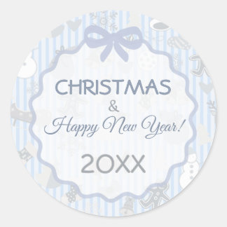 Pale Blue Stripes Bow Christmas Save The Date Classic Round Sticker