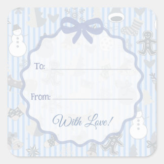 Pale Blue Stripes Bow Christmas To From Custom Square Sticker