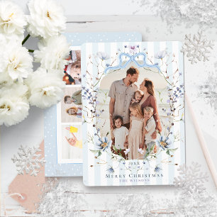 Pale Blue Stripes & Bow Floral Photos Christmas Holiday Card
