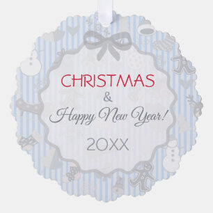 Pale Blue Stripes Bow Whimsical Christmas Silver Ornament Card