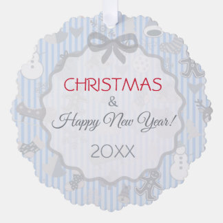 Pale Blue Stripes Bow Whimsical Christmas Silver Ornament Card