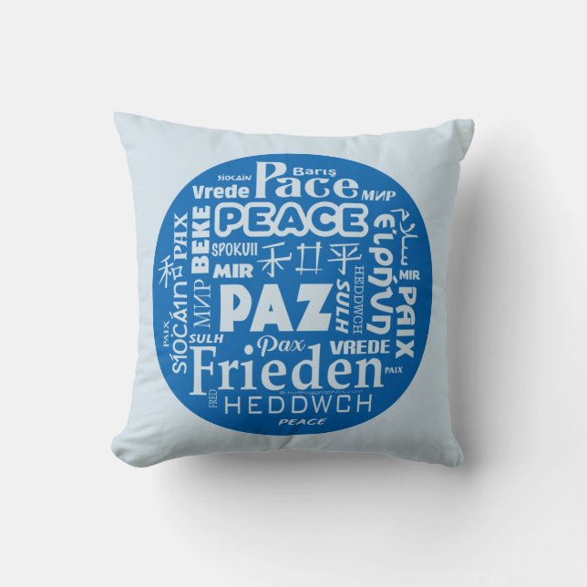 Pale blue throw cushion / peace in multi languages (Front)