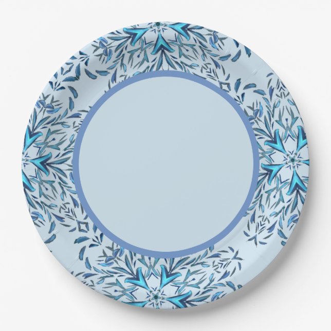 Pale Blue Winter Snowflakes Paper Plate (Front)