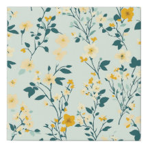 Pale Blue Yellow White Floral Faux Wrapped Canvas