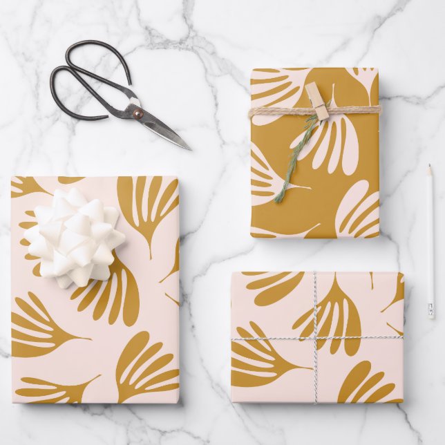 Pale Blush and Mustard Wisp Leaves Contemporary  Wrapping Paper Sheet (Front)