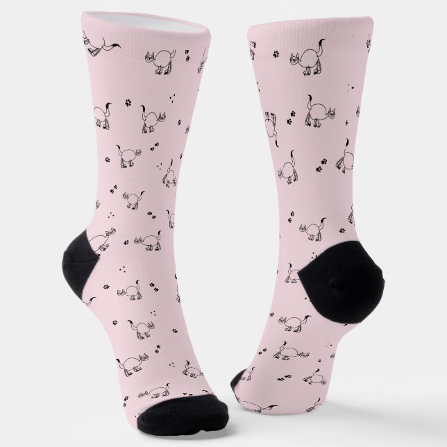 Pale Blush Cat Line Art Pattern Socks (Angled)