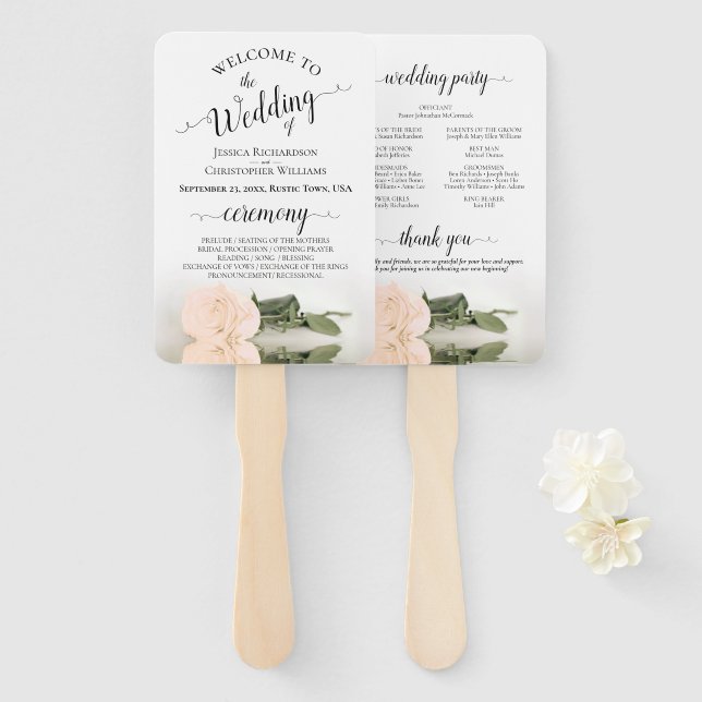 Pale Blush Peach Rose Elegant Wedding Program Hand Fan (Front and Back)