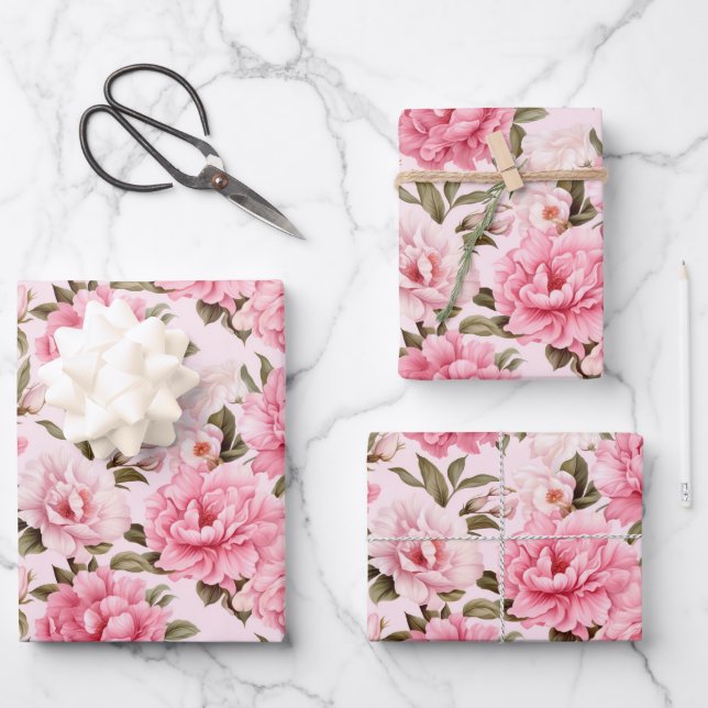 Pale blush pink bloom flowers wrapping paper sheet (Front)