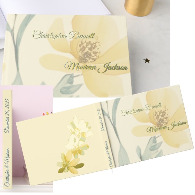 Pale Butter Yellow Soft Blue Floral Wedding Guest Book (This Gold Foil Yellow Floral Guest Book Can be used for a Collection of Memories from you Wedding.)