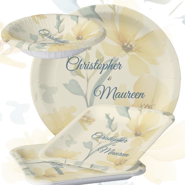 Pale Butter Yellow Soft Blue Floral Wedding Paper Plate (Butter Yellow & Blue Floral plates can be used for a variety of wedding gatherings)