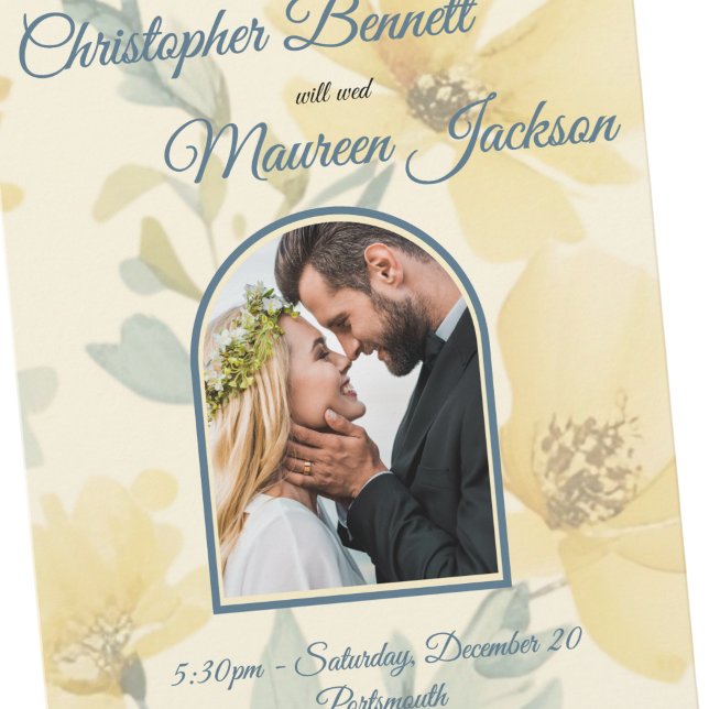 Pale Butter Yellow Soft Blue Floral Wedding Save The Date (Close up of Save the Date Butter Yellow & Pale Blue Floral Wedding)