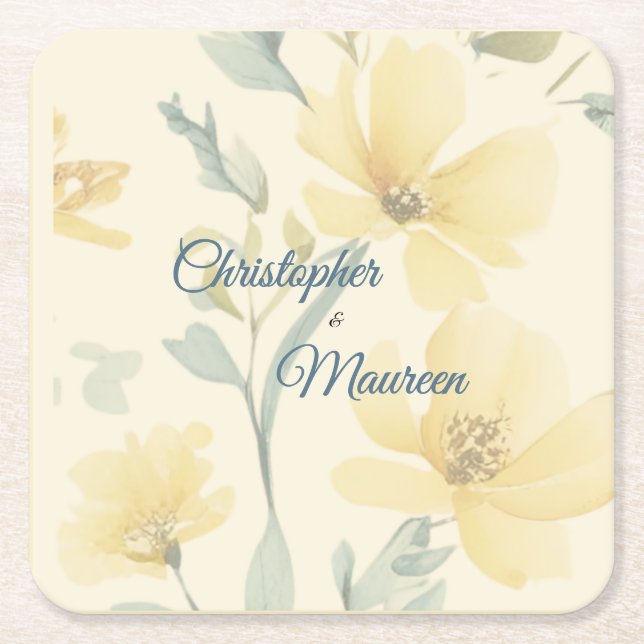 Pale Butter Yellow Soft Blue Floral Wedding Square Paper Coaster (Front)
