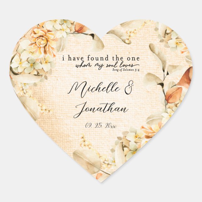 Pale Coloured Autumn Floral lnspirational Wedding Heart Sticker (Front)