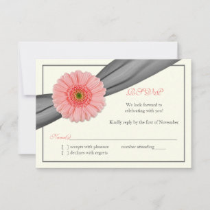 Pale Coral Gerbera Grey Ribbon Wedding Reply Card