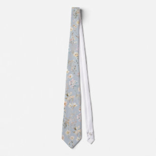 Pale Dusty Blue Personalized Watercolor Wildflower Tie