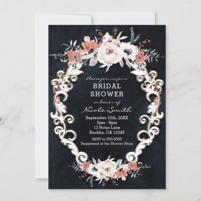 Pale Floral Dark Chalk Elegant Chic Bridal Shower Invitation (Front)