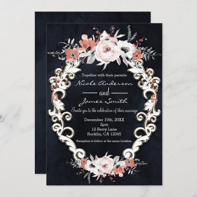 Pale Floral Dark Chalk Elegant Winter Wedding Invitation (Front/Back)