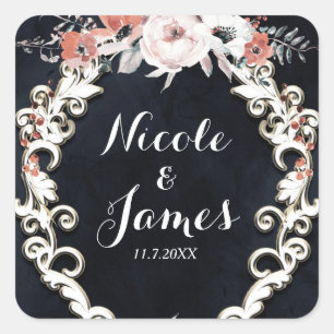 Pale Floral Dark Chalk Elegant Winter Wedding Square Sticker