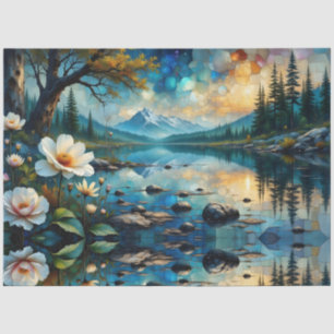 Pale Flowers grow along blue river, Mountains Tissue Paper