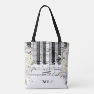 pale flowers music notes piano tote bag