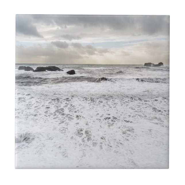 Pale foamy ocean seascape, Iceland Tile (Front)