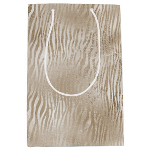 Pale Gold Glam Glitzy Zebra Print Stripes Medium Gift Bag