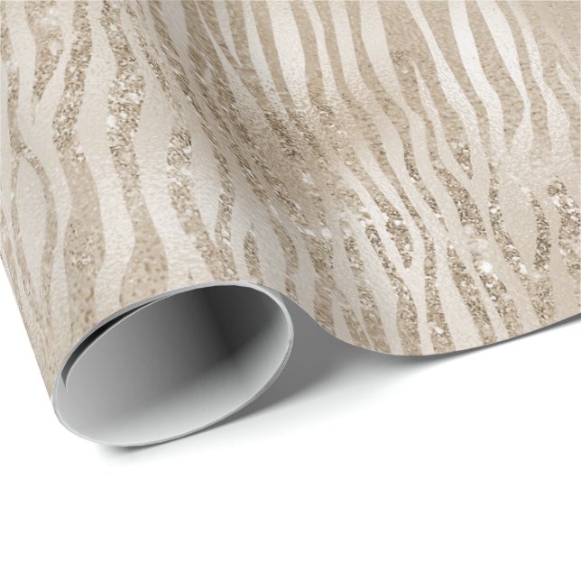 Pale Gold Glam Glitzy Zebra Print Stripes Wrapping Paper (Roll Corner)