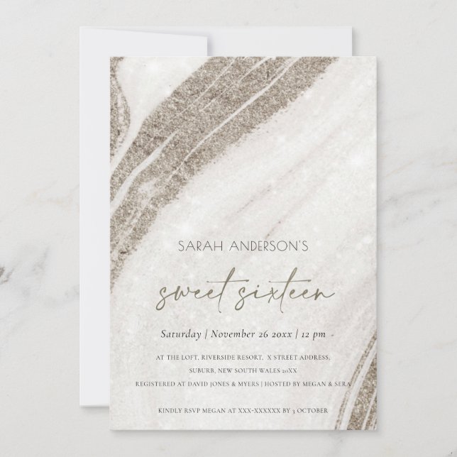 Pale Gold Marble Agate Sweet 16 Birthday Invite (Front)