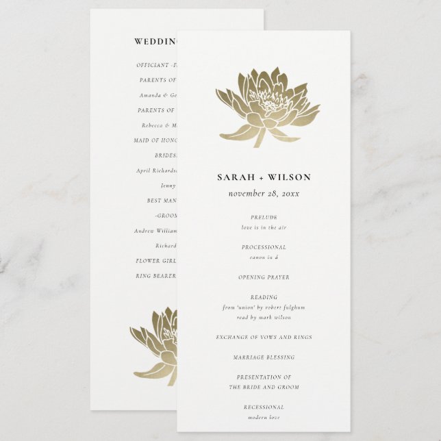 Pale Gold White Lotus Floral Wedding Programme (Devant / Derrière)