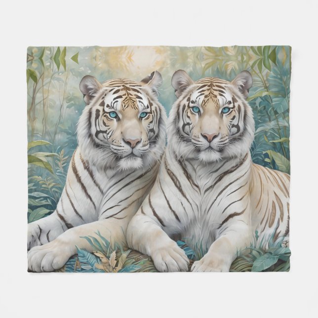 Pale Golden Tigers in a Blue Green Jungle Fleece Blanket (Front (Horizontal))