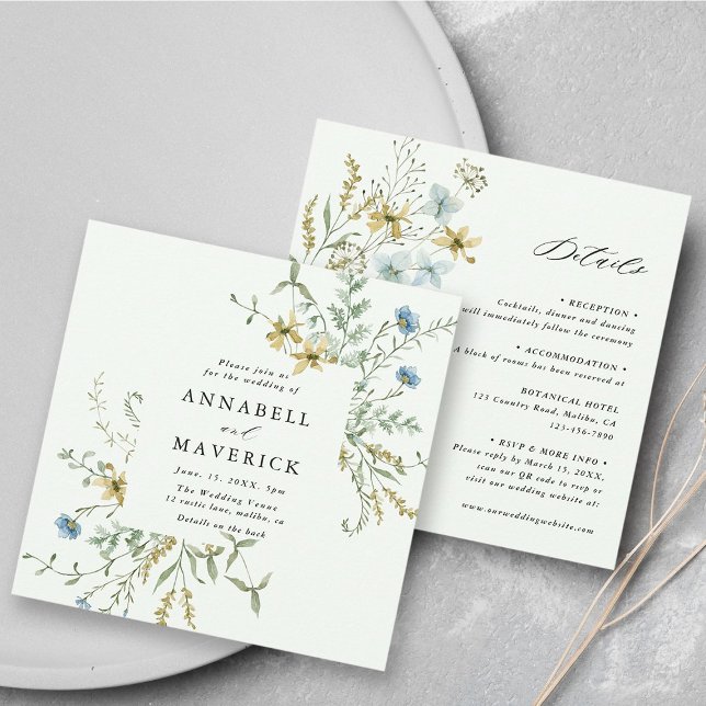 Pale Green All In One Delicate Wildflower Wedding Invitation (Front & Back)