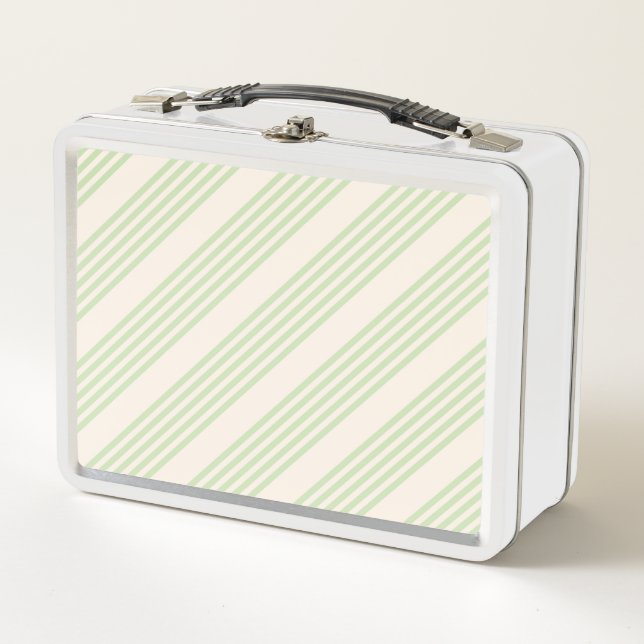Pale green and beige five stripes pattern metal lunch box (Front)