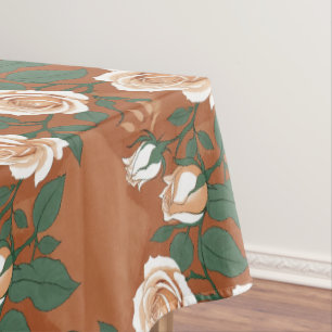 Pale Green And Cream Roses On A Warm Terracotta Tablecloth