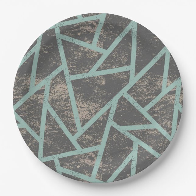 Pale green and grey mosaic pattern paper plate (Front)