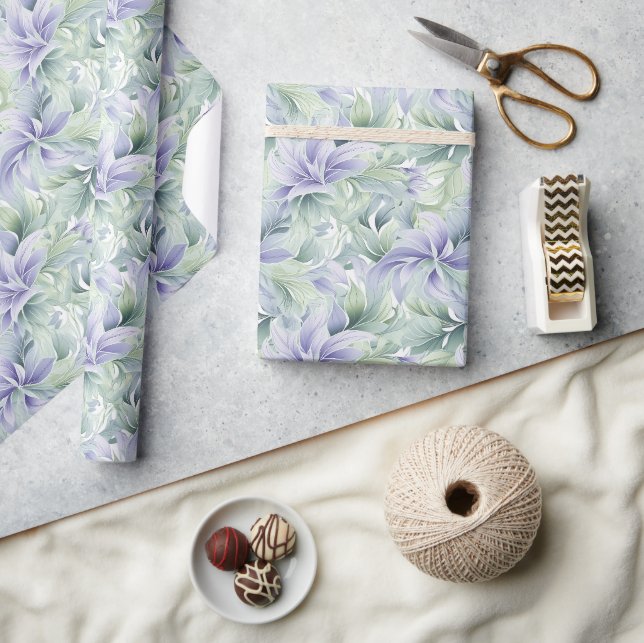 Pale green and purple flowers and leaves soft wrapping paper (Crafts)