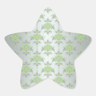 Pale Green and Silver White Damask Pattern Star Sticker