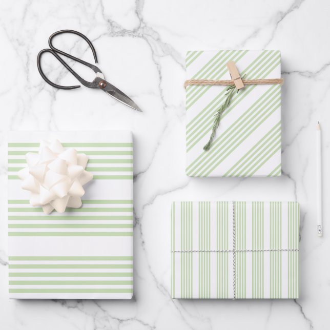 Pale green and white five stripes pattern wrapping paper sheet (Front)