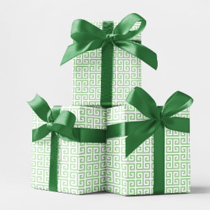 Pale Green and White Greek Key Pattern Wrapping Paper