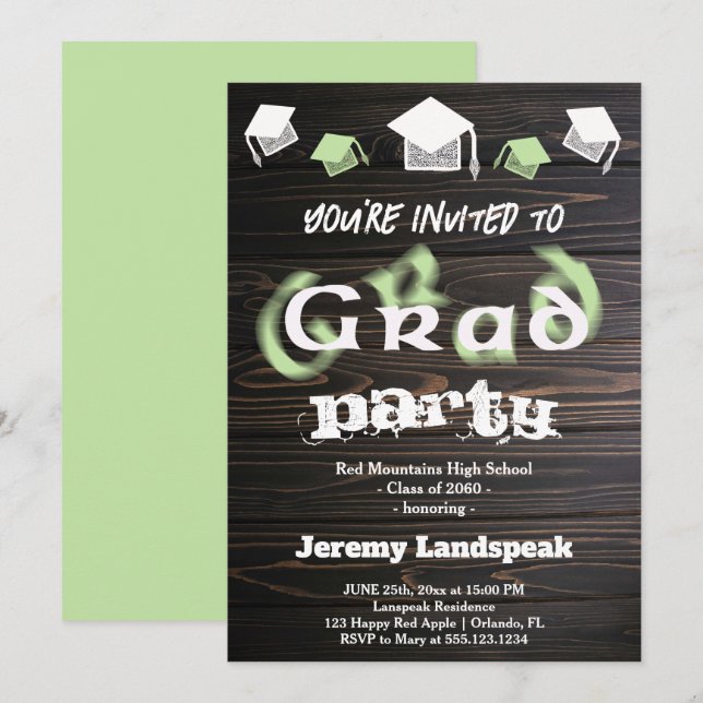 Pale Green Blurry Text for Graduation House Party Invitation (Front/Back)