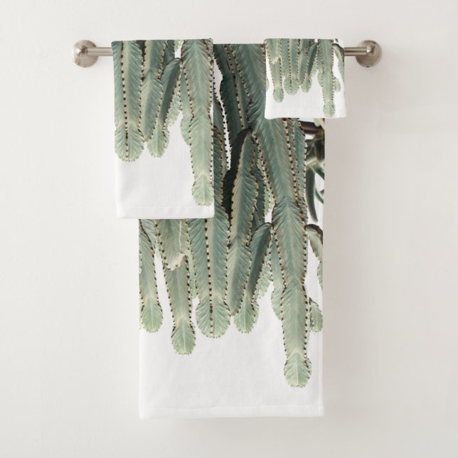Pale Green Cactus Plants Pattern Bath Towel Set (Insitu)