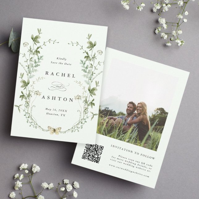 Pale Green Elegant Wildflower Wedding Photo Save The Date (Creator Uploaded)