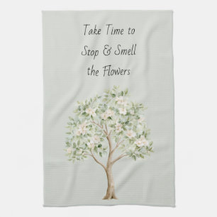 Pale Green Flowering Tree Kitchen Towel