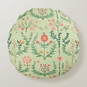 Pale Green Folk Floral Round Pillow