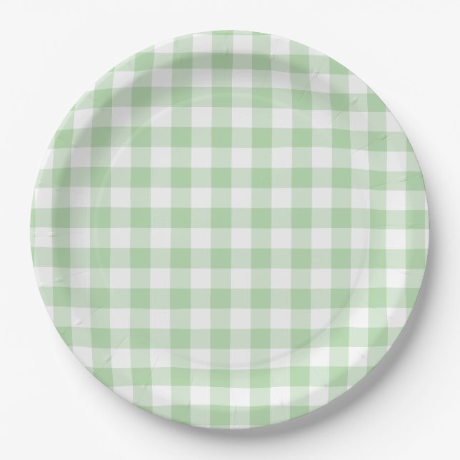 Pale Green Gingham Check Paper Plate (Front)