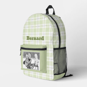 Pale Green Gingham Plaid Pattern Name and Photo Printed Backpack